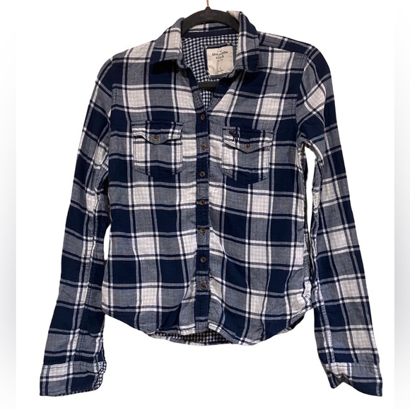 Abercrombie & Fitch Tops - Abercrombie and Fitch Navy Blue and White Plaid Button Up Cotton